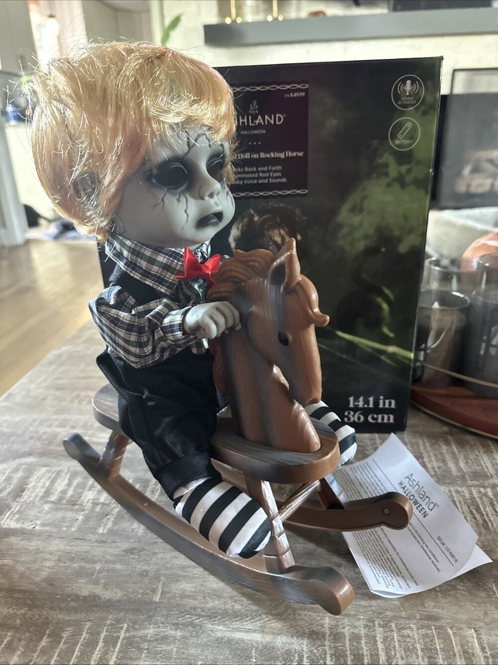 Spooky Halloween 14" Animated Creepy Doll on Rocking Horse Red Eyes Sounds Song